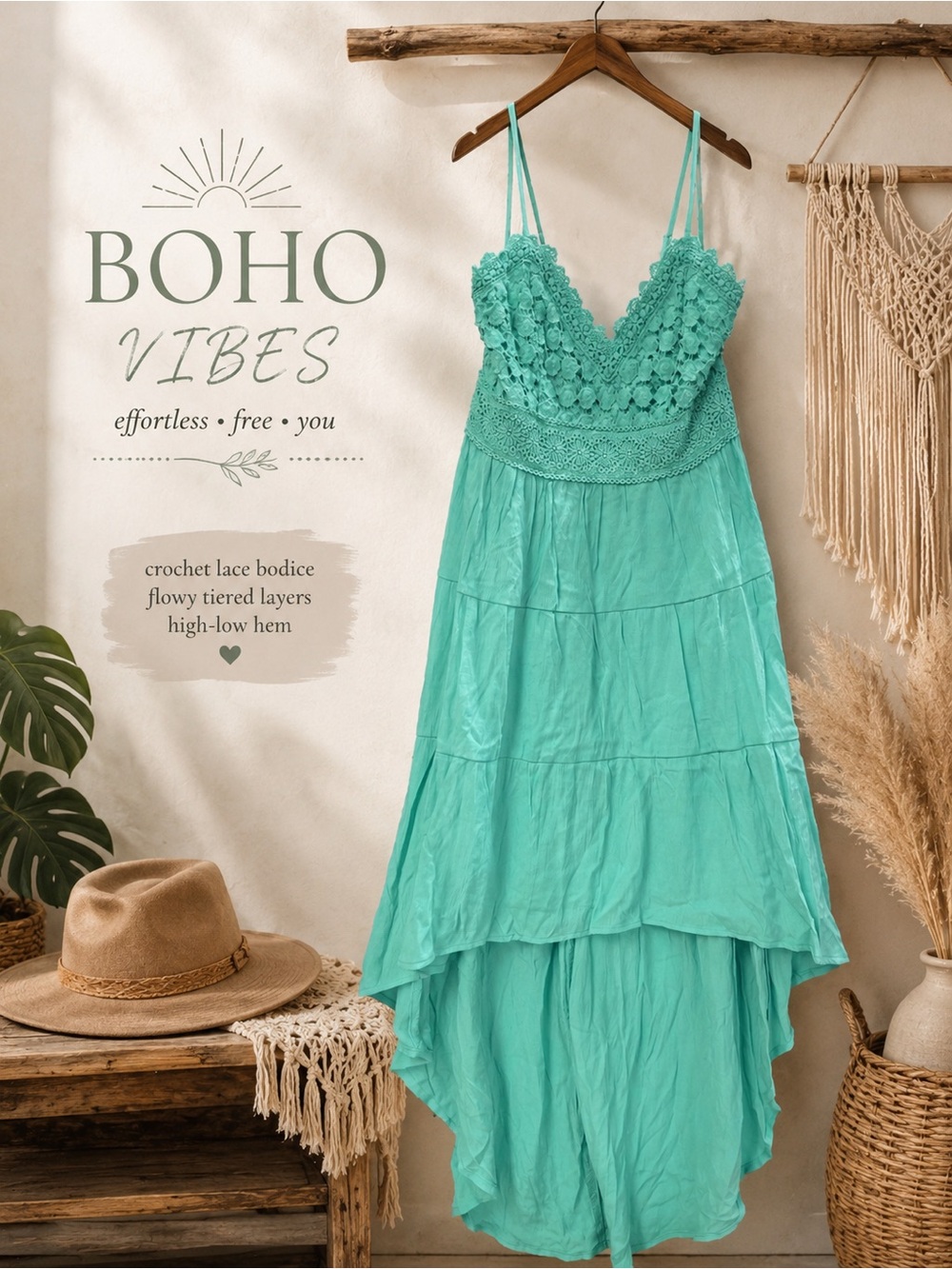 Boho Crochet Lace High-Low Dress - Aqua